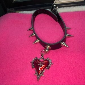 Edgy Black Choker with Red Heart and Silver Spikes